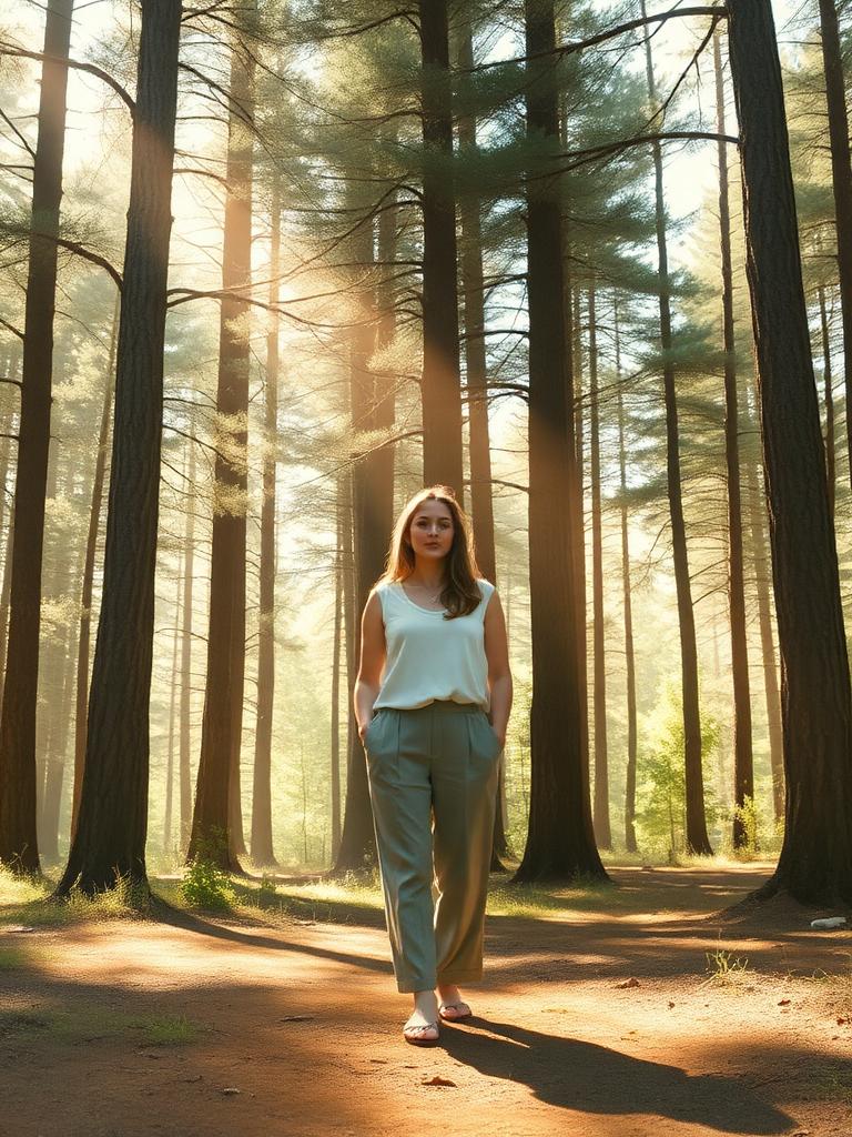 Woman standing peacefully in a sunlit forest